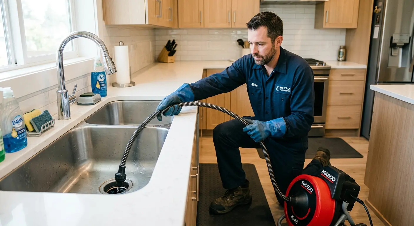Drain cleaning technician using a motorized snake on a kitchen sink in Bethesda
