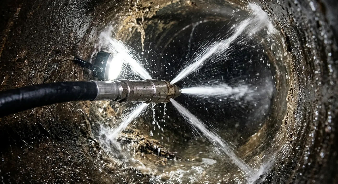 High-pressure hydro jetting nozzle cleaning sewer pipe for Sewer Cleanout in Bethesda