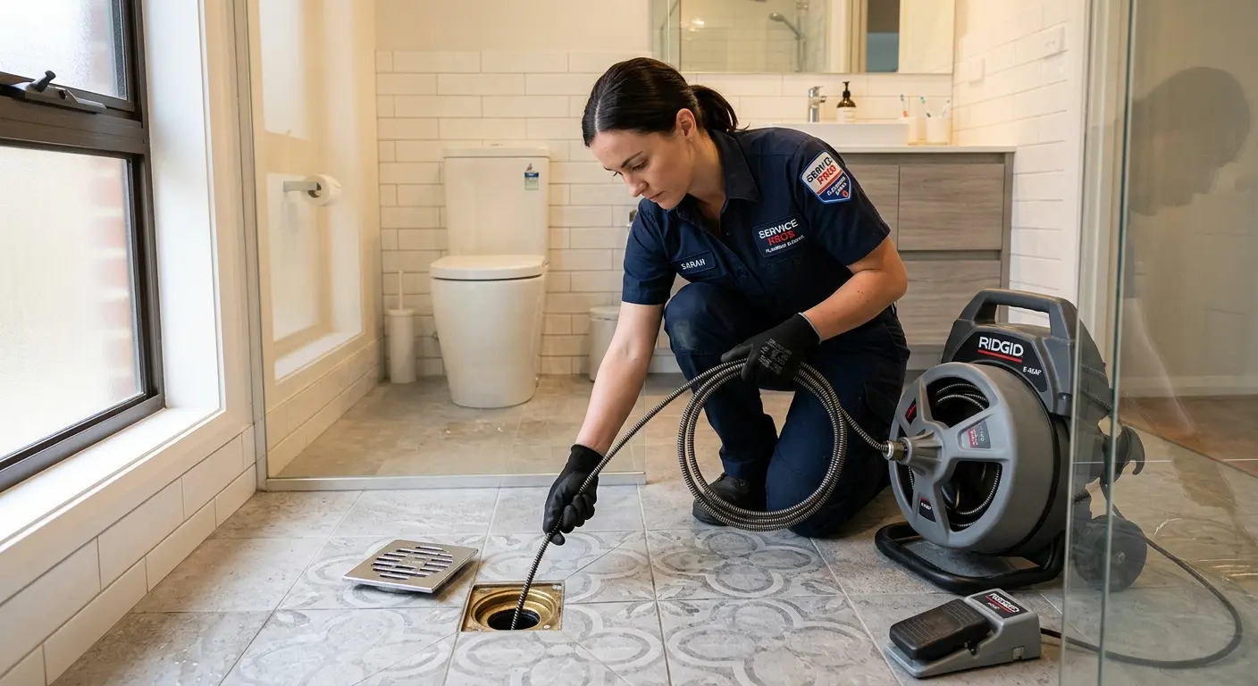 Technician clearing a bathroom floor drain for Clogged Drain Repair in Bethesda